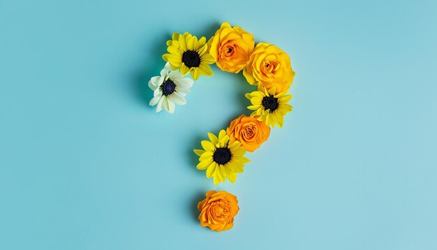 Question mark made from dandelion flowers on Flat lay on pastel blue background Springtime