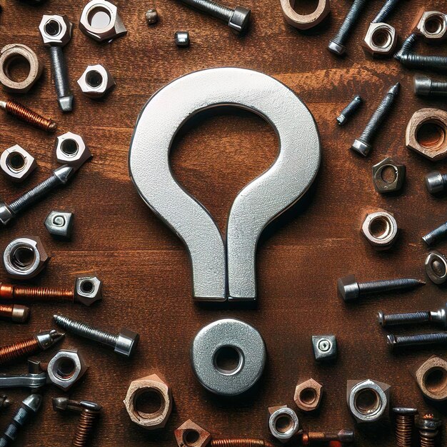 Question mark made of metal nuts on a wooden table a variety of wrenches lie nearby Problem solving concept Top view