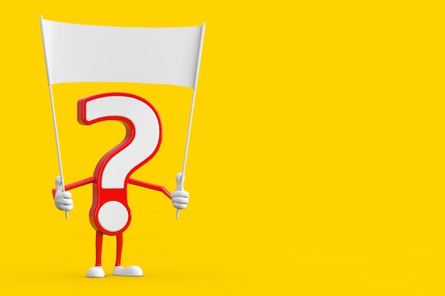 Question mark sign cartoon character person mascot and empty\
white blank banner with free space for your design 3d\
rendering