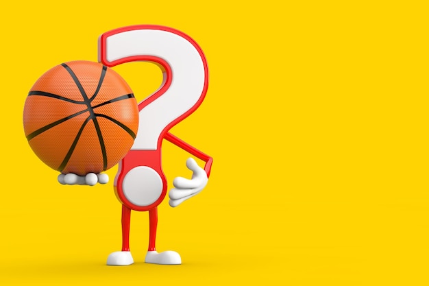 Personaggio dei cartoni animati del segno del punto interrogativo mascotte della persona con il rendering 3d della palla da basket