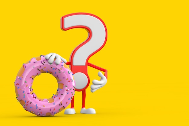 Question mark sign cartoon character person mascot with big strawberry pink glazed donut 3d rendering