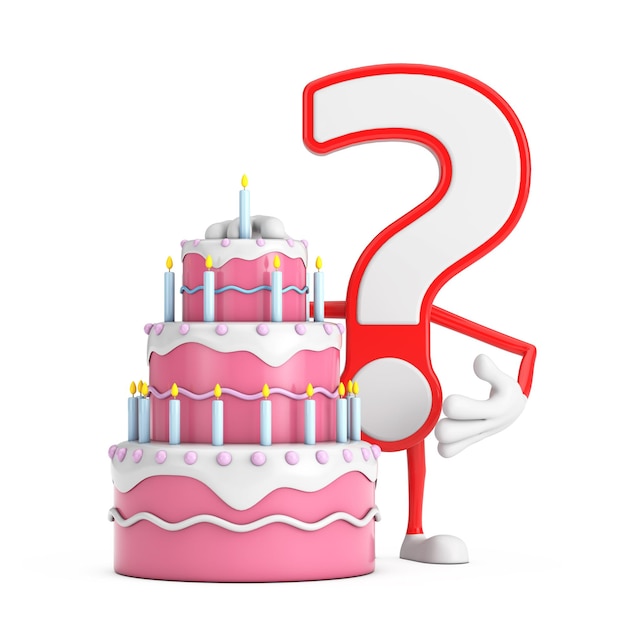 Question Mark Sign Cartoon Character Person Mascot with Birthday Cartoon Dessert Tiered Cake and Candles 3d Rendering