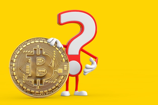 Question mark sign cartoon character person mascot with digital\
and cryptocurrency golden bitcoin coin 3d rendering