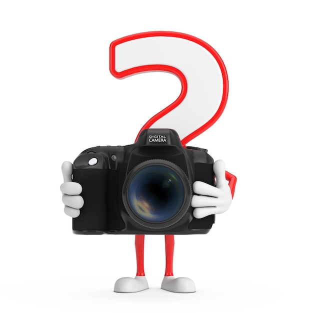 Question Mark Sign Cartoon Character Person Mascot with Modern Digital Photo Camera 3d Rendering