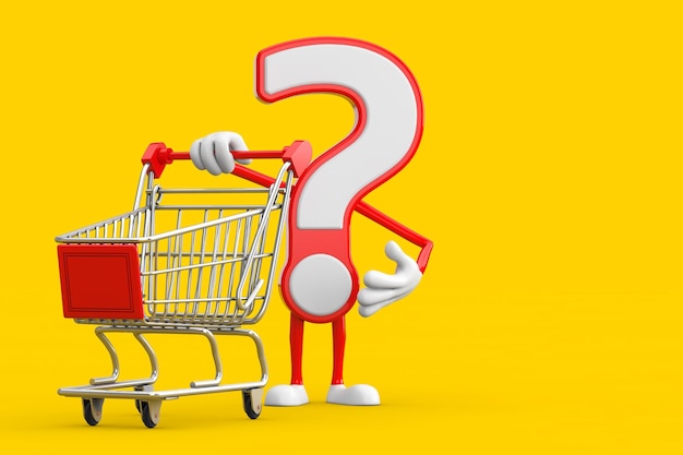 Question mark sign cartoon character person mascot with shopping cart trolley 3d rendering