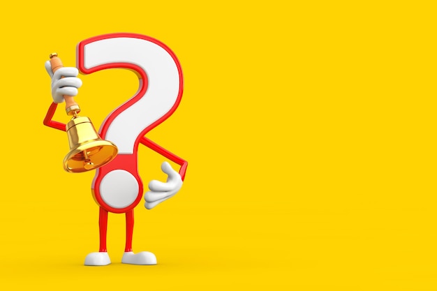 Question mark sign cartoon character person mascot with vintage\
golden school bell 3d rendering