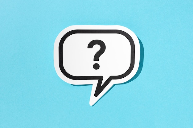 Question mark on speech bubble isolated on blue background Doubt confusion uncertainty concept