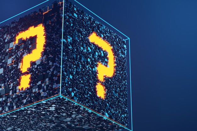 Question mark in yellow on an abstract hitech cube in blue The concept of solving the issue FAQ 3d render