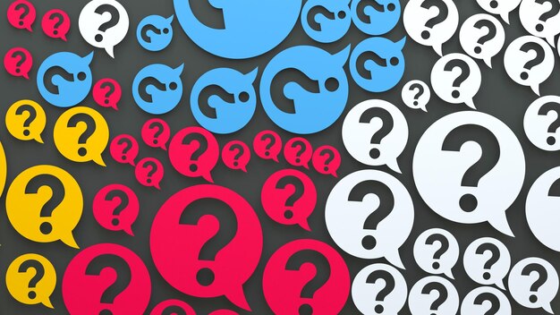 question marks and speech bubble background. 3d render.