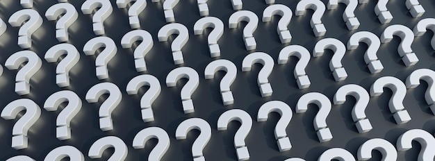 Question marks white on black color background banner FAQ concept 3d