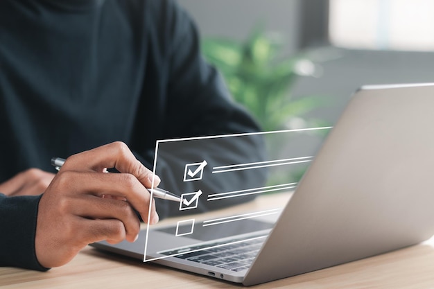 Questionnaire with checkboxes filling survey form online answer questions of test Survey form concept Education futuristic technology and learning concept