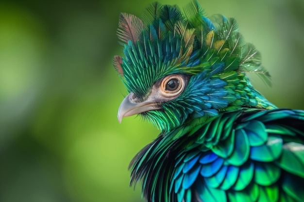 Photo quetzal close up of a colorful peafowl with feathers on its head