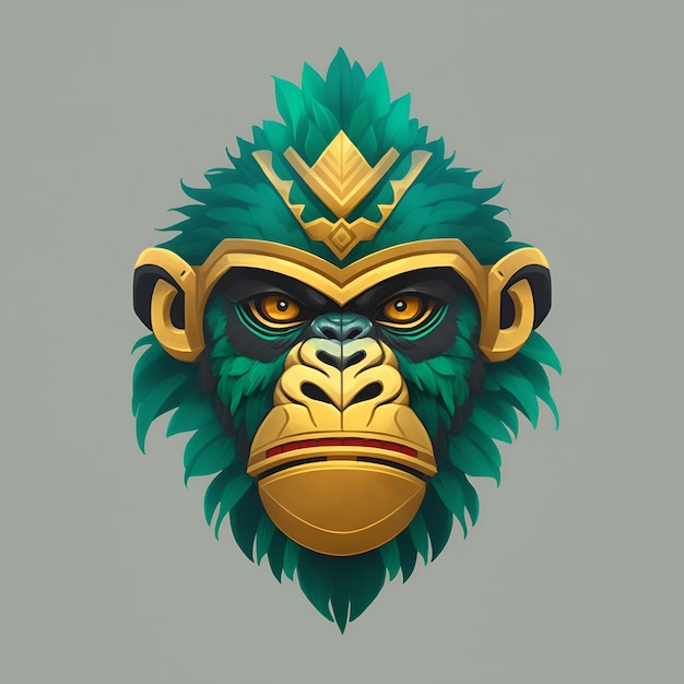 Quetzalcoatl gorilla head symmetrical flat icon design AI generated