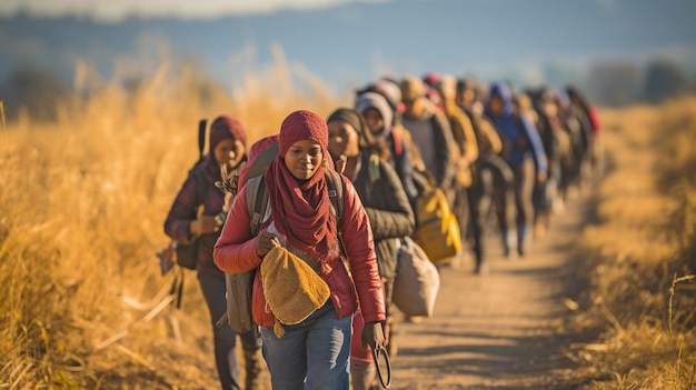 Foto una coda di lavoratori migranti che passeggiano