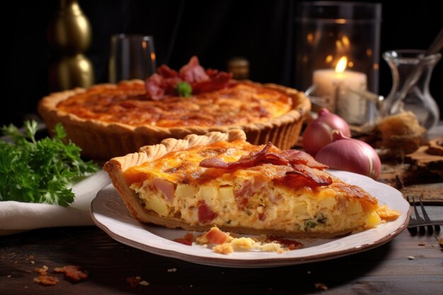 Quiche lorraine with bacon and cheese golden crust