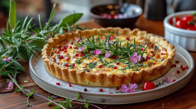 Quiche With Flowers and Herbs on a Plate