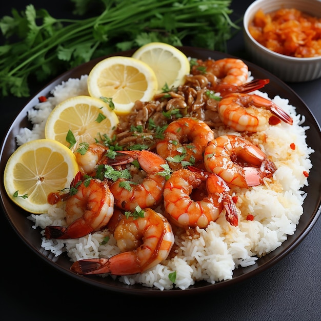 Quick and healthy Asian meal made of fried rice fresh shrimps lime and vegetables in a black bowl