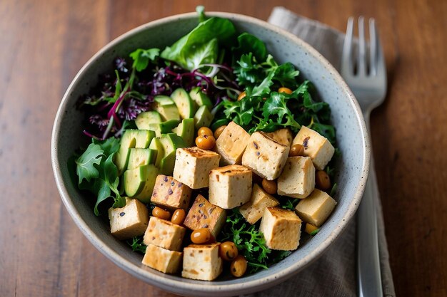 Photo quick and healthy vegan lunch bowl with tofu and mixed greens