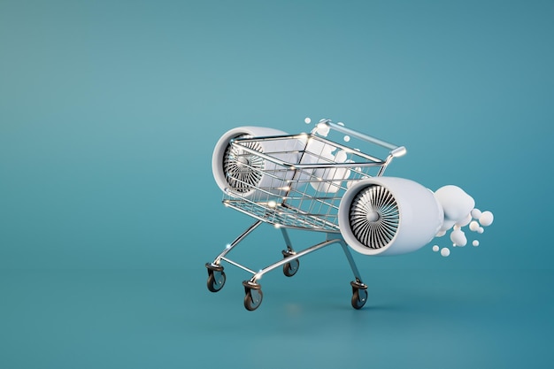 Quick purchases in the store a trolley for products around which the turbines of the aircraft