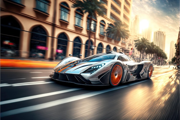 Quick silver racing car bright sky hypercar rushes through the city