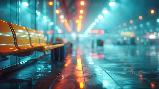 A quiet airport gate illuminated by vibrant neon lights web background