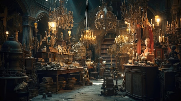 Тихий антикварный магазин, наполненный диковинками и забытыми сокровищами Генеративный ИИ