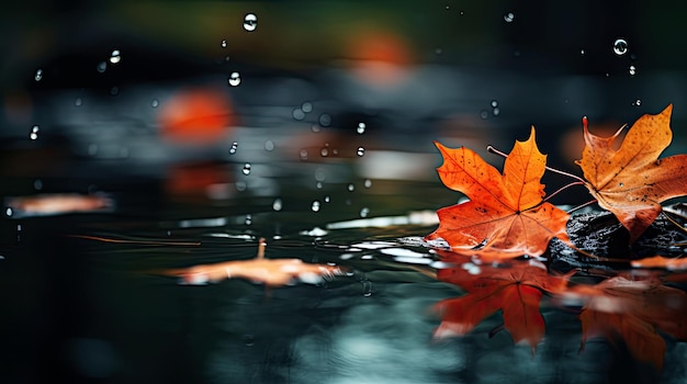 조용한 아름다움 떨어지는 나뭇잎 짙은 주황색 검정색 스타일 부드러운 초점 세련된 물 생성 AI
