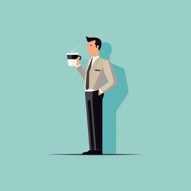 A quiet businessman is holding a cup of coffee exudes a sense of calm and focus with a confident yet