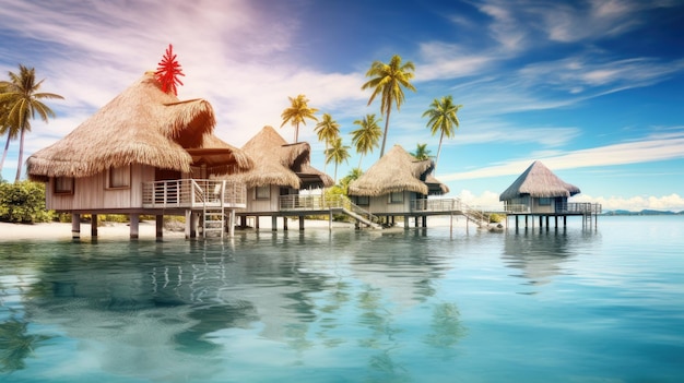 Quiet and calm lagoon with crystal clear azure water overwater bungalows and palm trees