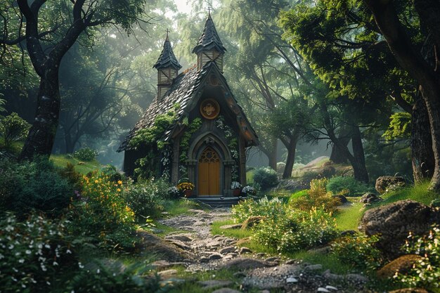 a quiet chapel nestled in a lush forest octane ren