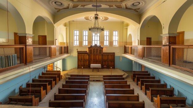 Photo quiet church interior with wooden pews and chandelier