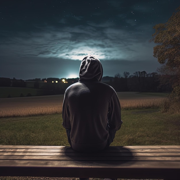 夜明けの静かな街並み 朝の空を眺めながら一人佇む人