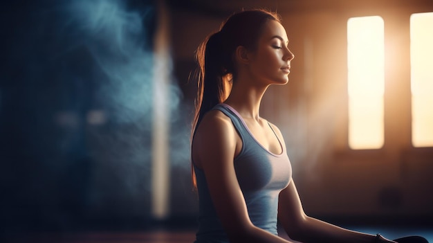 В тихом уголке спортзала женщина сидит в умиротворенной медитативной позе, находя момент спокойствия среди тренировки.