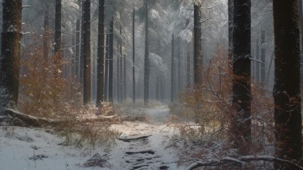 The quiet falling of snow in a silent winter forest