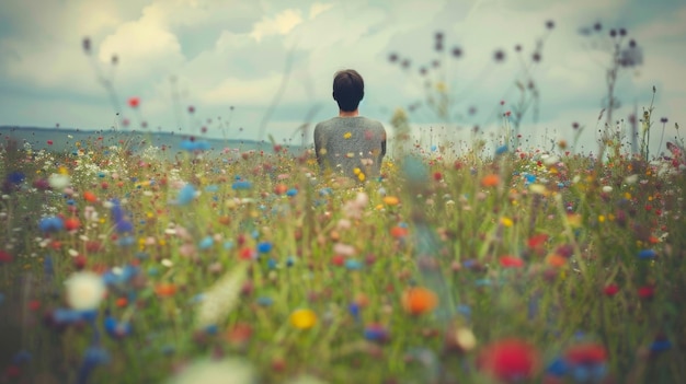 静かな野花の畑である人物がカメラに振り返りおそらく自分の旅について考えている