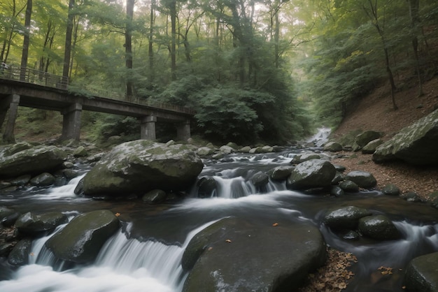 A quiet footbridge over a slowmoving stream