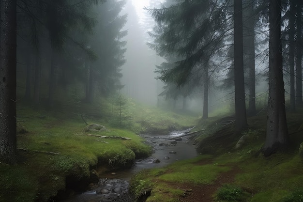 안개 낀 대기로 둘러싸인 가문비나무와 시냇물이 있는 조용한 숲