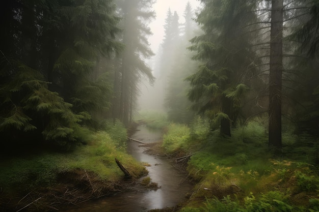 Quiet forest with spruce trees and stream enveloped by misty atmosphere