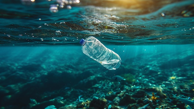 Foto un problema tranquillo sotto l'acqua plastica galleggia nel mare blu