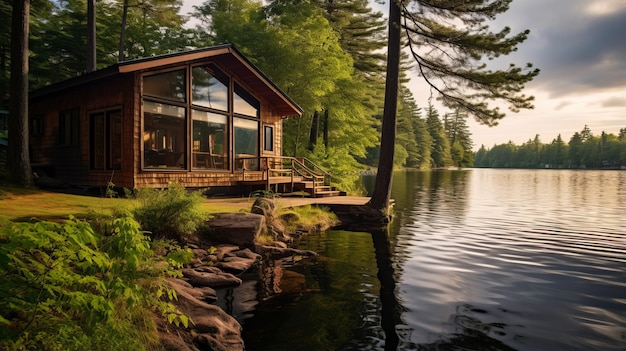 Photo a quiet lakeside cabin surrounded by nature