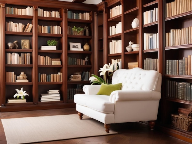 A quiet library corner with white lilies decorating bookshelves