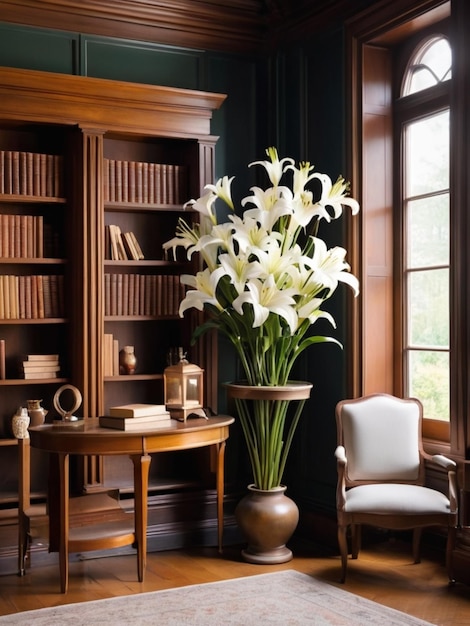 A quiet library corner with white lilies decorating bookshelves