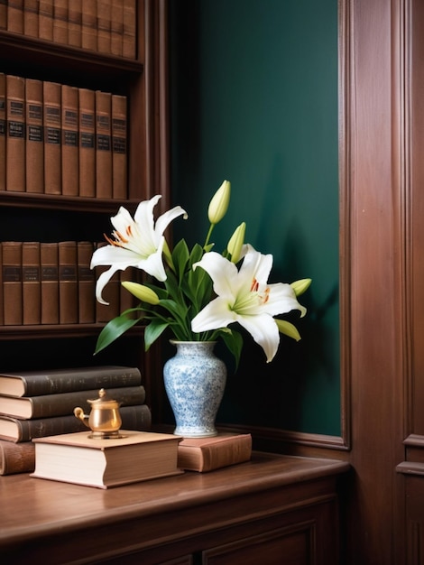 A quiet library corner with white lilies decorating bookshelves