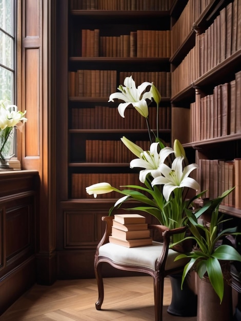 A quiet library corner with white lilies decorating bookshelves