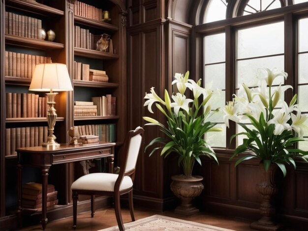 A quiet library corner with white lilies decorating bookshelves