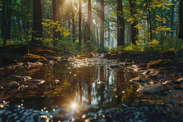 A quiet moment of reflection in a sunlit forest oc