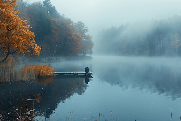 Quiet morning at a lakeside fishing spot with mist rising off the water