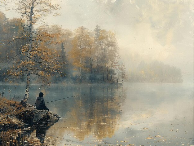 Quiet morning at a lakeside fishing spot with mist rising off the water