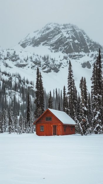 写真 静かな山の小屋は木々に囲まれ,コピースペースで雪の毛布に囲まれています.