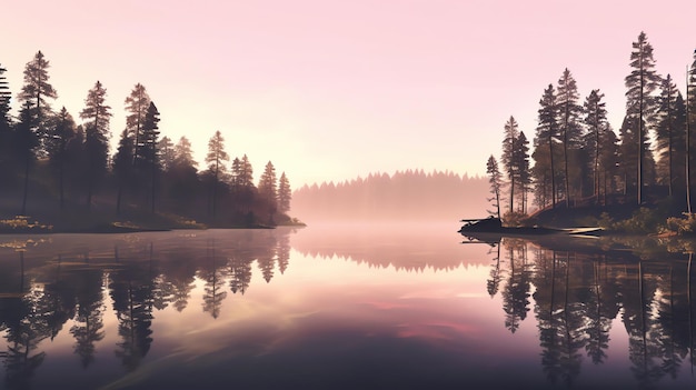 A quiet mountain lake at dawn